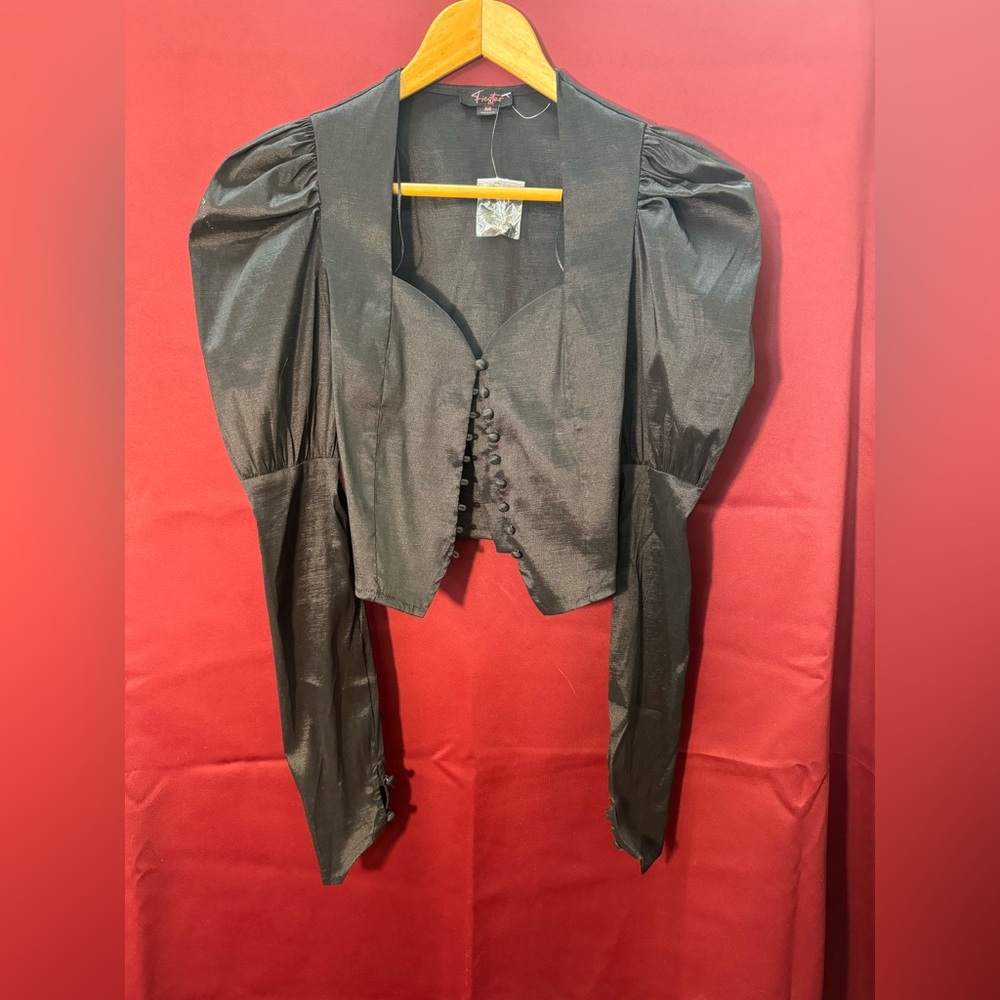 Victorian Style Black Button-Up Balloon Sleeve Blouse - Size Medium